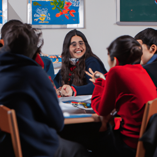 1. A group of students engaged in a lively discussion in a modern classroom in one of Diyarbakır's primary schools.
