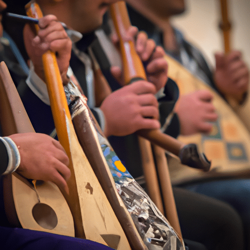 1. An image of a traditional Denizli musical ensemble, with musicians playing various indigenous instruments.