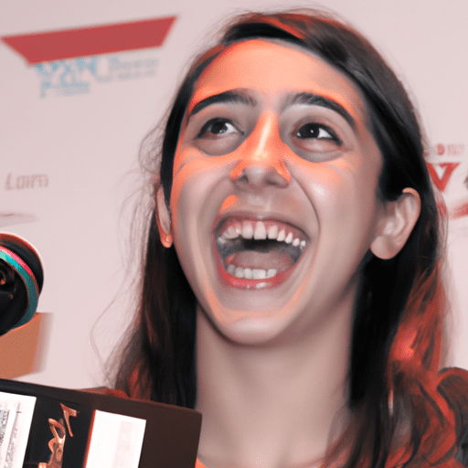 A young filmmaker receiving an award at a Denizli film festival, a look of joy and surprise on her face.