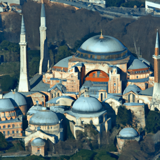 3. An aerial photograph showcasing the sprawling complexity of the Hagia Sophia, a masterpiece of Byzantine architecture.