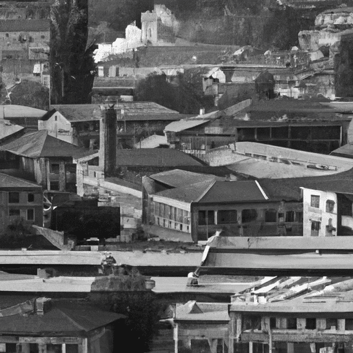 A black and white photo showing early textile factories in Bursa