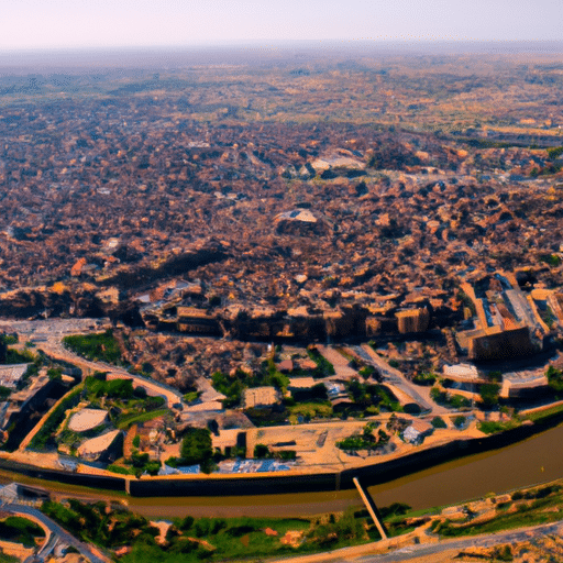 An aerial view of Diyarbakır, highlighting its strategic location nestled between the East and West