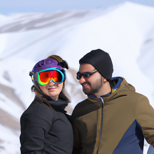 A photo of a smiling couple, fully equipped for a day on the slopes, with the snowy mountains of Erzurum in the background.