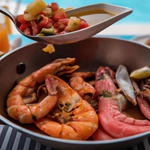 A mouth-watering spread of local cuisine, with fresh seafood, traditional dishes, and exotic fruits.