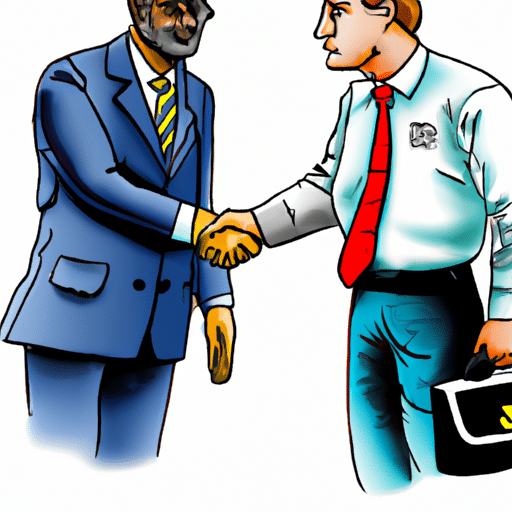 An illustration of a government official shaking hands with an entrepreneur, symbolizing the government's support for businesses.