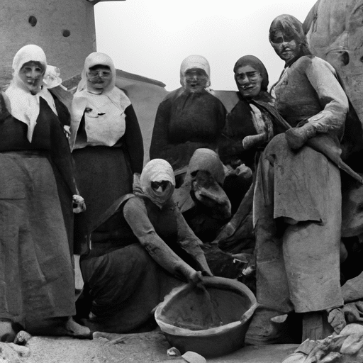 A black and white photograph showing a group of women laborers in early 20th century Gaziantep.