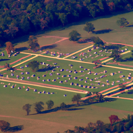 1. An aerial view of the expansive battlefield, dotted with historical markers and monuments.