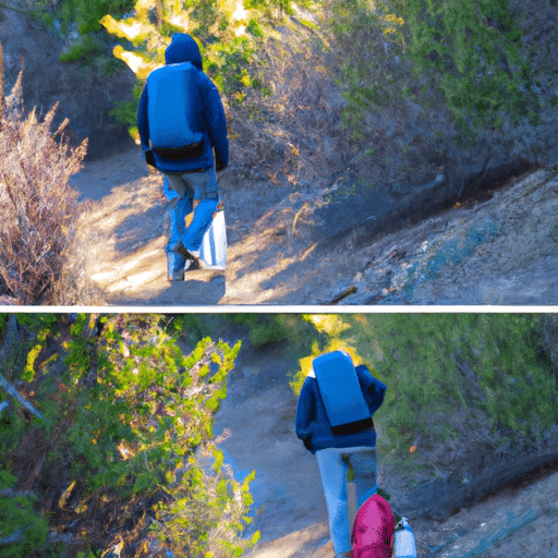 A before-and-after photo illustrating the impact of littering on the trail, and a hiker practicing 'Leave No Trace' principles.