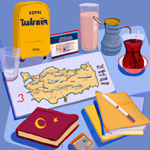 7. A packing list with essentials for a trip to Istanbul, including a Turkish phrasebook, a map, and a traditional tea glass.