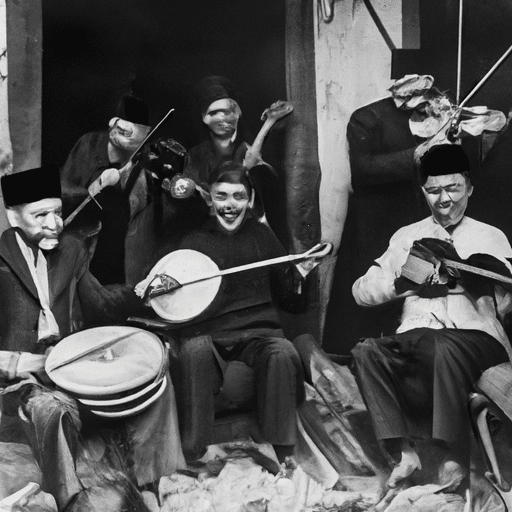 3. An old black and white photograph showcasing a traditional music performance in Denizli several decades ago.