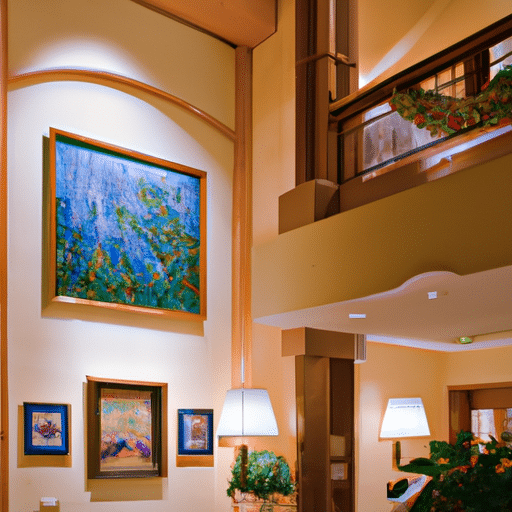 An image showing the grandeur of Hotel A, with its lobby adorned by an impressive collection of local art.