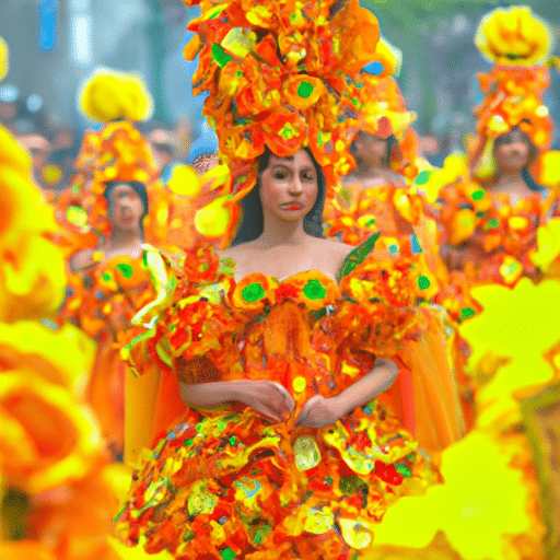 A vibrant procession of the Orange Blossom Carnival, with participants in colorful costumes and floats adorned with orange blossoms.