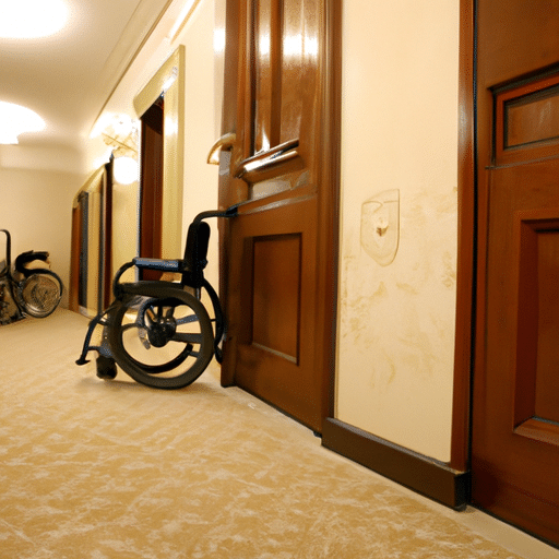 An elegant image of a luxurious room in a top-tier hotel, showcasing wide doorways and ample space for wheelchair mobility.