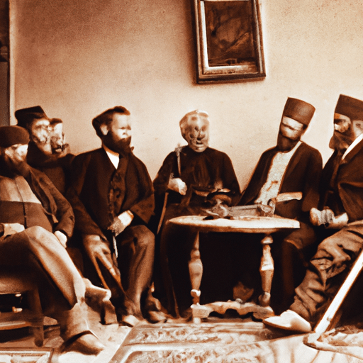 An antique photograph depicting a group of intellectuals in Gaziantep during the early 20th century, engaged in a lively discussion.