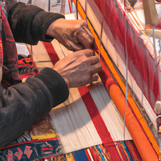 A detailed shot of a local artisan meticulously weaving a traditional Gaziantep carpet.