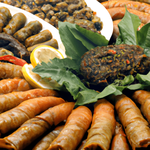 A mouth-watering spread of local delicacies from Diyarbakır, featuring stuffed vine leaves, kebabs, and sweet pastries.