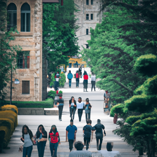 1. A vibrant photograph showcasing the grandeur of Ankara's universities, bustling with students from around the globe.