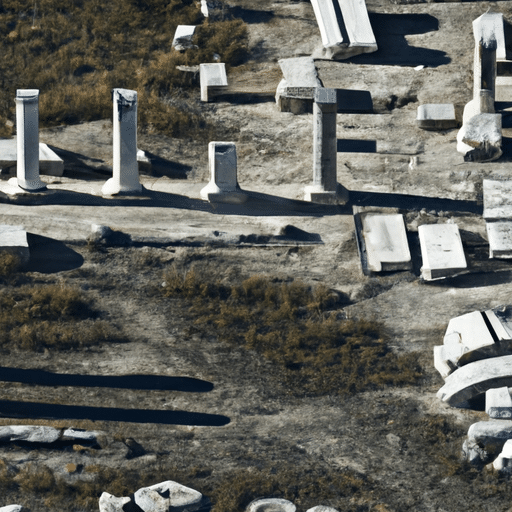 1. An aerial view of the ancient city of Laodicea, showcasing the expansive ruins and the surrounding geography of Denizli.