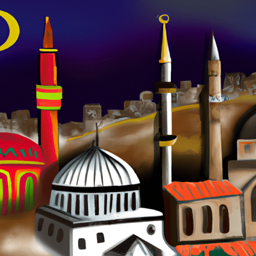 A depiction of Gaziantep's diverse religious communities; with a mosque, church, and synagogue side by side.