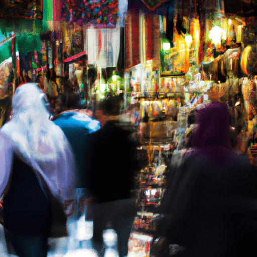 A vibrant image of the bustling Grand Bazaar, showcasing a variety of goods and busy shoppers.