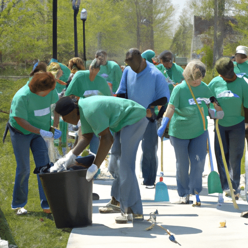 1. An image showing a diverse group of volunteers involved in a community clean-up.