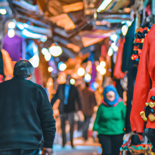 A vibrant image capturing the busy life of a Gaziantep souk with locals bargaining and vendors selling a variety of goods.