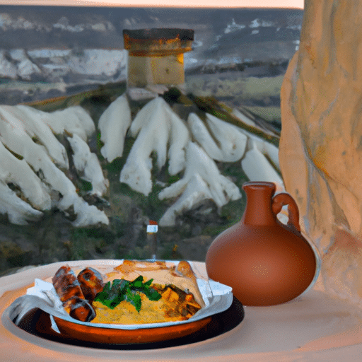 A beautifully presented traditional Cappadocian dish against the backdrop of fairy chimneys.