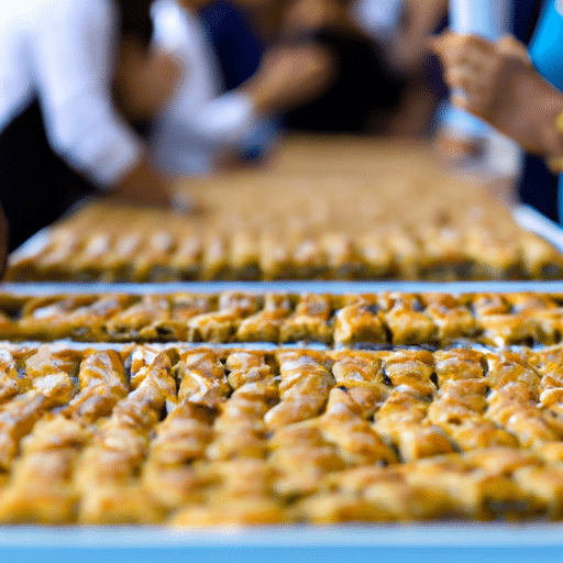 A vibrant image capturing the excitement and anticipation of the crowd at the Gaziantep Baklava Festival, with trays of the sweet pastry ready for the tasting.