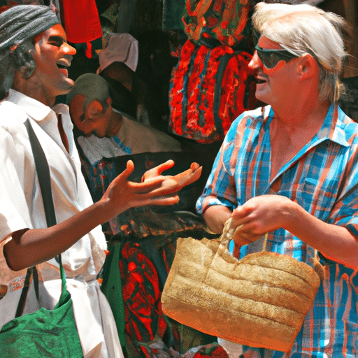 5. An animated scene of a shopper and vendor in the middle of a haggling session.