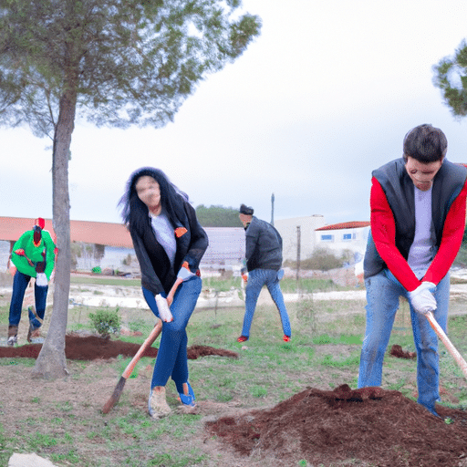 1. A group of volunteers from a Denizli organization planting trees in a local park.