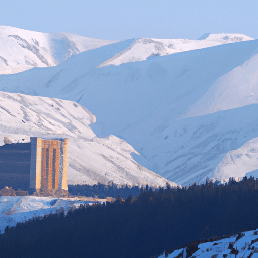 1. A panoramic view of a palatial hotel in Erzurum nestled amidst snow-capped mountains.