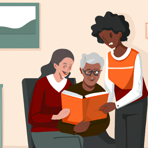 A volunteer reading a book to elderly residents in a care home.