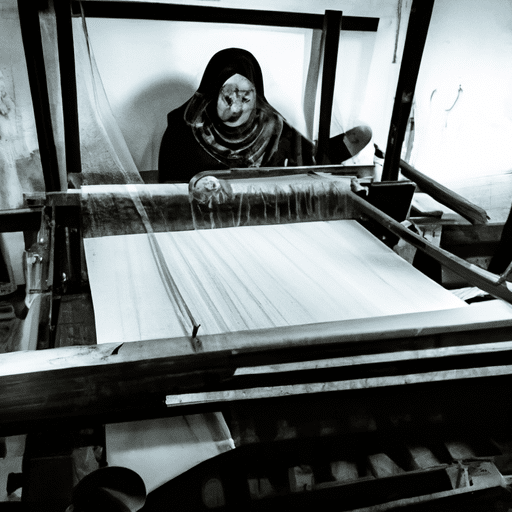 A vintage photo showing women in Gaziantep weaving traditional textiles.