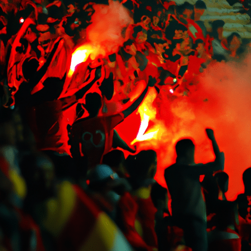 1. A vibrant photograph illustrating passionate Denizli soccer fans cheering on their team during a night match.