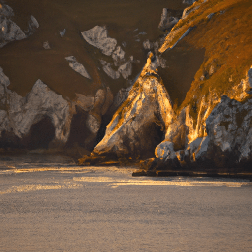 A serene image of a secluded bay, framed by rugged cliffs and bathed in the soft glow of the setting sun.
