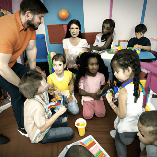 A group of international volunteers teaching English to local children in a community center.