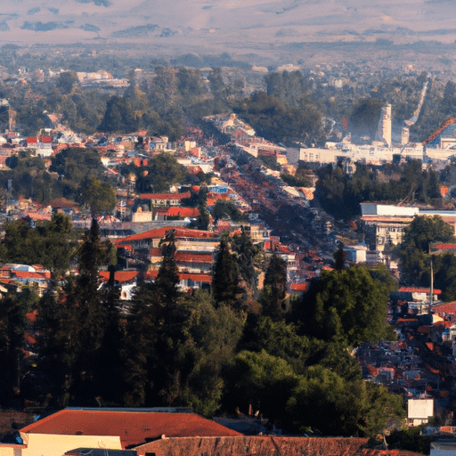 A panoramic view of Denizli during a major festival, showcasing the city's vibrant decorations and bustling crowd.