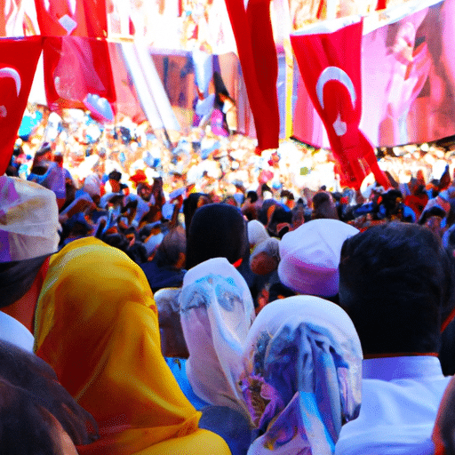 A crowd of people gathered around a stage at the Silk Road Festival, with traditional Turkish costumes and decorations in vibrant colors.