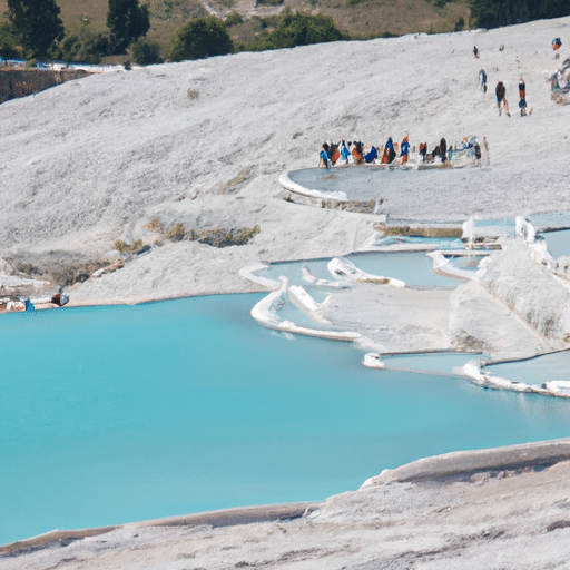 Visitors soaking in the therapeutic thermal waters of Pamukkale's pools