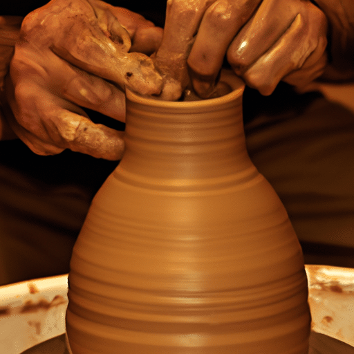 1. 'An artisan meticulously forming clay on a potter's wheel in a bustling Eskişehir workshop.'