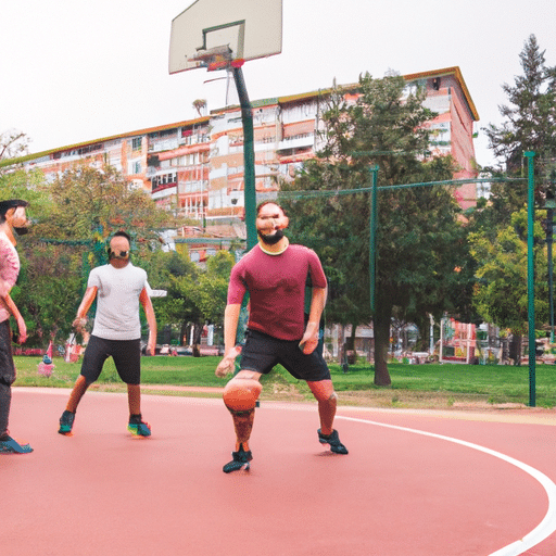 A group of young basketball players in Bursa practicing in an outdoor court, their faces determined and focused.