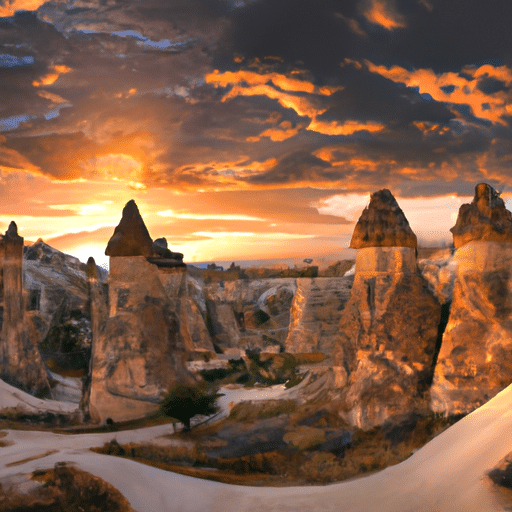 A panoramic view of the fairy chimneys against a sunset sky.