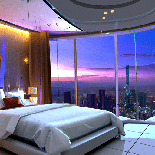 1. An image of a luxurious suite with a stunning city view at a high-end hotel.