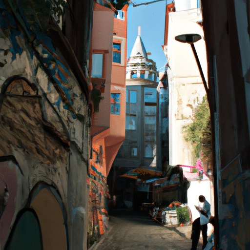 1. A narrow cobblestone street in Galata, lined with colorful buildings and bustling with life