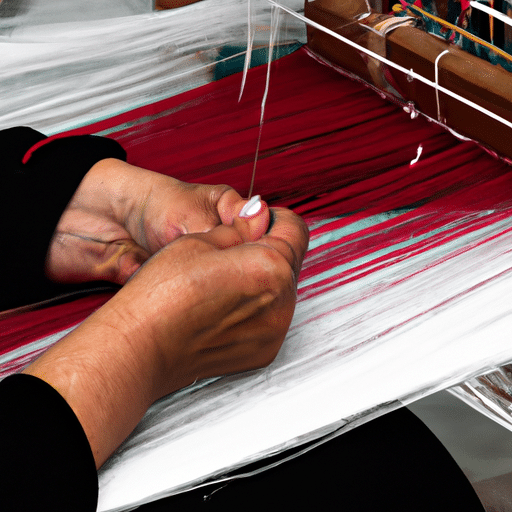 3. 'A close-up of a weaver's hands, masterfully interlacing threads to create a traditional Eskişehir textile.'