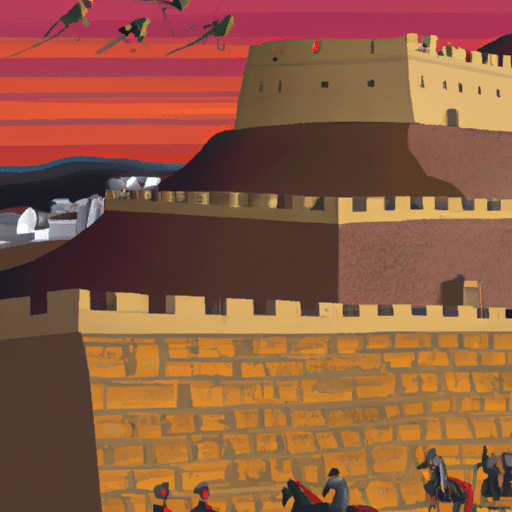 A historic illustration depicting a significant event in Gaziantep's history with the city walls standing tall in the backdrop.