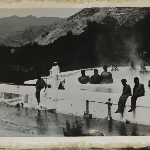 1. An old black and white photo depicting people enjoying a thermal bath in Denizli in the early 1900s.