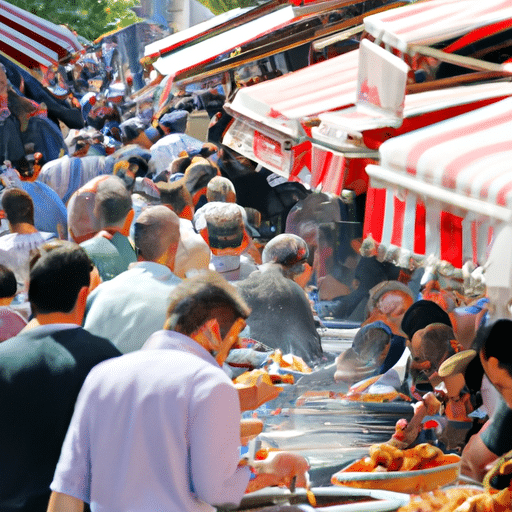 7. A bustling Turkish street lined with food stalls, offering a variety of local delicacies.