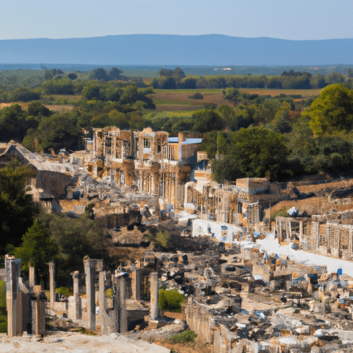 A current day photograph of Ephesus, now a popular tourist attraction, teeming with visitors exploring the ruins