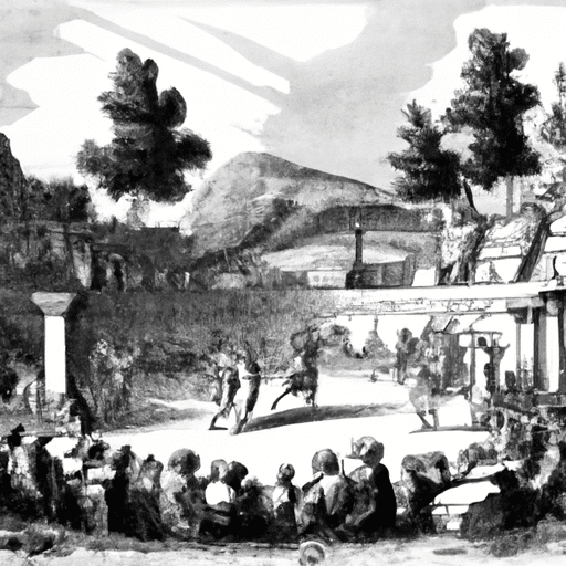 An antique illustration of a play being performed at the Great Theater of Ephesus